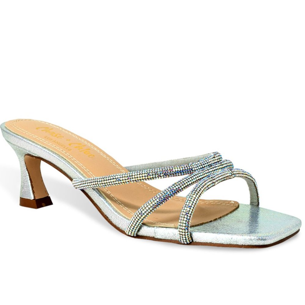 Women's Rhinestone Strappy Kitten Heel Slide Heel Open Toe Sandal - Picture 2 of 4